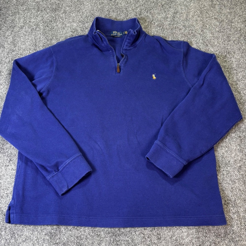 Polo Ralph Lauren Quarter Zip Mens Large Blue Estate Rib Cotton Pullover Sweater
